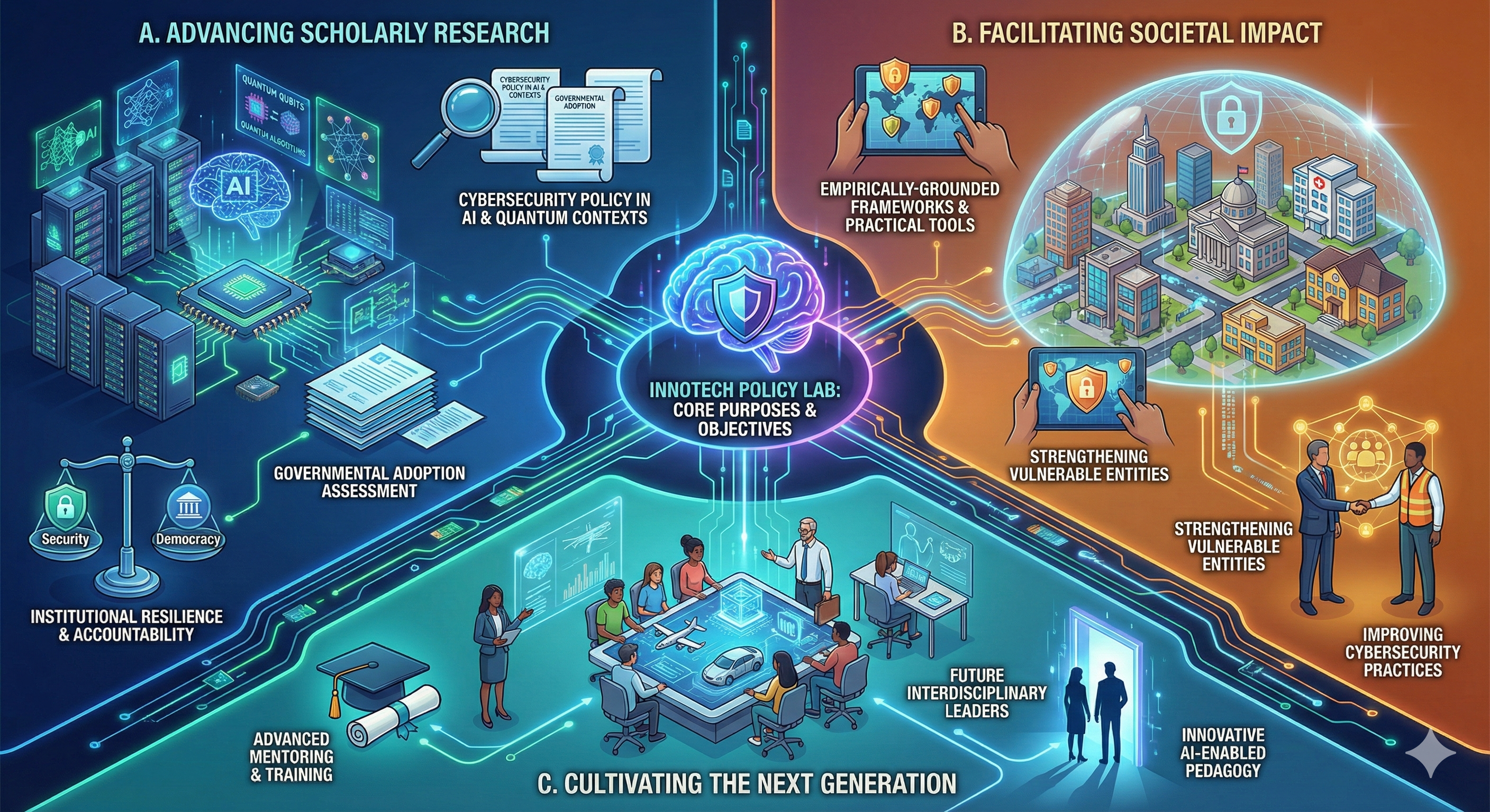 Three-sectioned illustrated graphic showing the three core purposes and objectives of the Lab. Includes image of a computer network, a city in a dome, and people working around a table together.