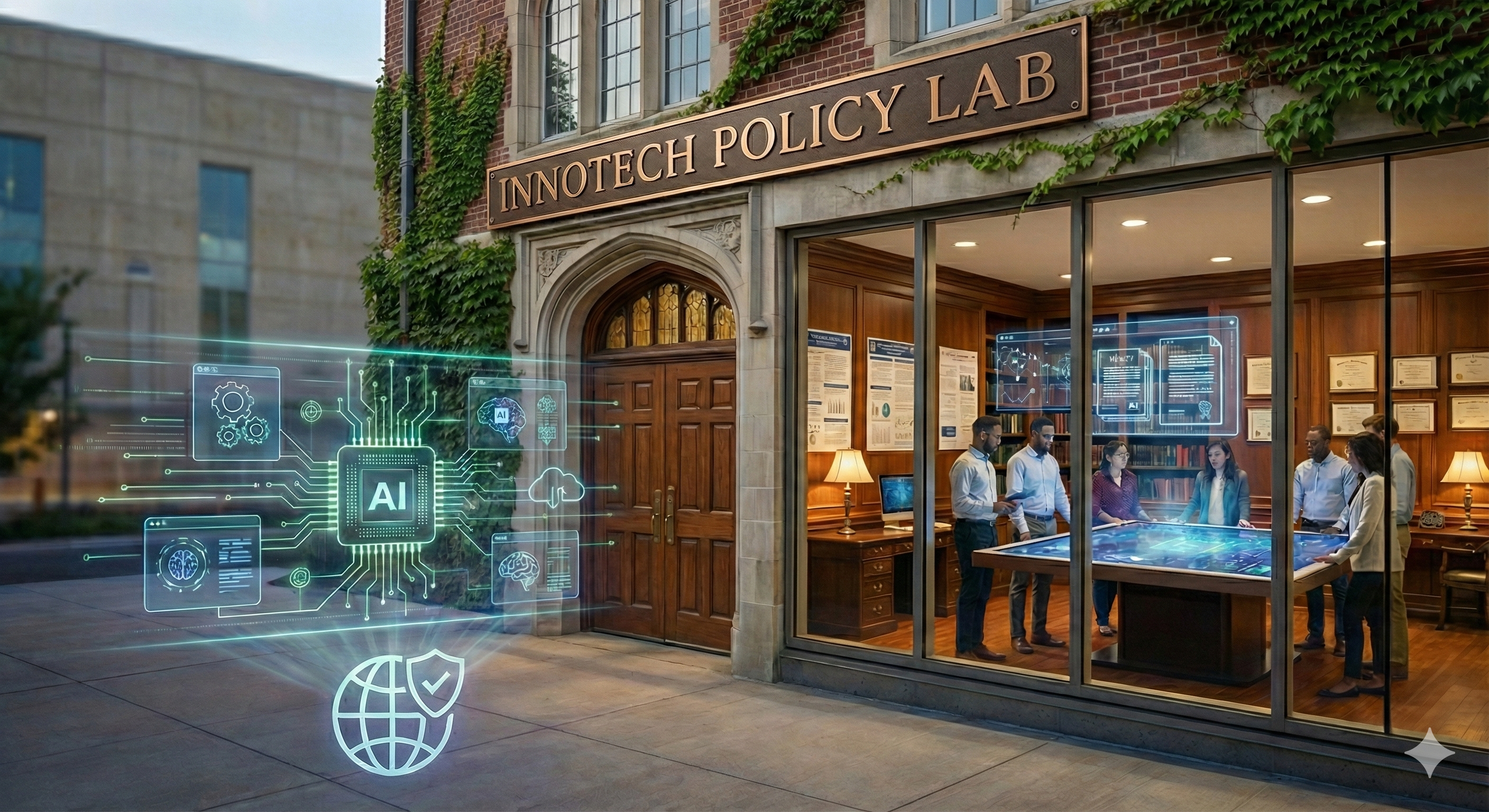 People standing around a table  inside a building with the words "Innotech Policy Lab" on the exterior. Outside the building is a courtyard with a projection of a computer network surrounding the letters "AI."